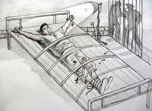 Illustration d'une victime menottée à un lit sous une lumière éblouissante qui n'est jamais éteinte. (Minghui.org)