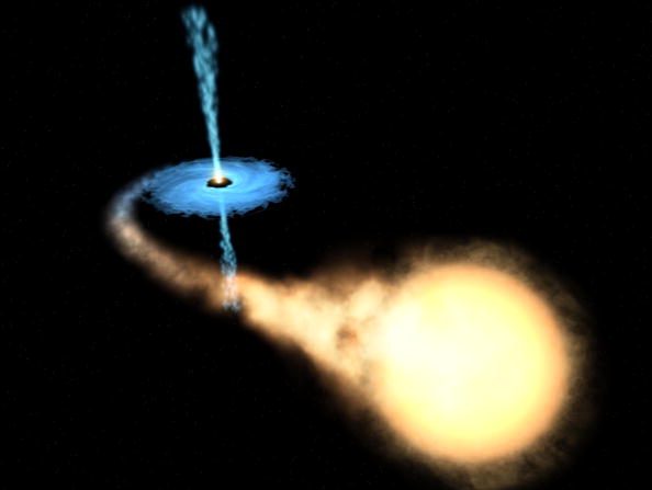 -Cette interprétation non datée du trou noir de la taille d'une étoile, voyageant actuellement dans notre système solaire à 250 000 milles à l'heure, a été publiée le 18 novembre 2002. Selon des astronomes utilisant des données du télescope spatial Hubble. Photo FAECIASP / NASA / Conicet d'Argentine / Getty Images.
