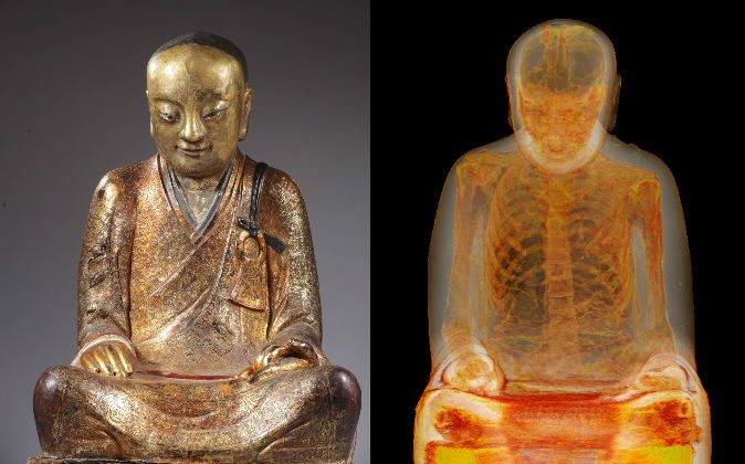 La momie du maître bouddhiste Liuquan, montrée à l'intérieur d'une statue de Bouddha par scanner. (M. Elsevier Stokmans, Musée Drents)
