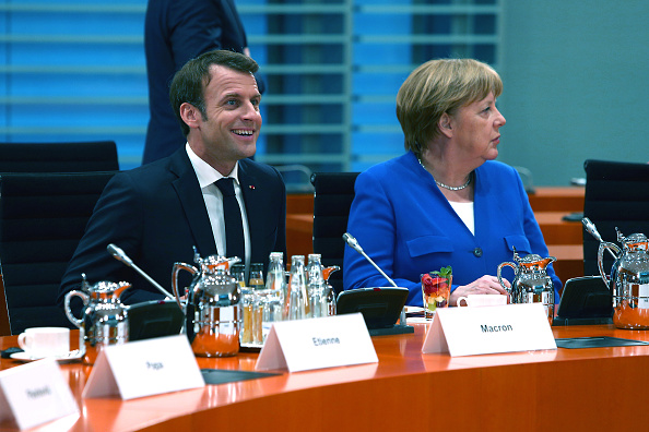 La Chancelière allemande Angela Merkel et le Président Emmanuel Macron le 29 avril 2019 à Berlin, Allemagne.   (Photo : Mika Schmidt - Pool/Getty Images)