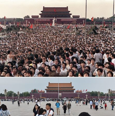 -Une photo d'archive (en haut) prise le 2 juin 1989 montre des manifestants en faveur de la démocratie rassemblés près d'une statue de la déesse de la démocratie sur la place Tiananmen à Beijing; et une photo (en bas) prise le 18 mai 2019 montre des gens sur la place Tiananmen à Beijing. Trente ans après la répression des manifestants de Tiananmen, les chars qui bordaient l'avenue centrale de Pékin ont été remplacés par d'innombrables caméras de surveillance perchées comme des faucons sur les lampadaires pour contrôler la population. Photo de Catherine HENRIETTE et Greg Baker / AFP / Getty Images.