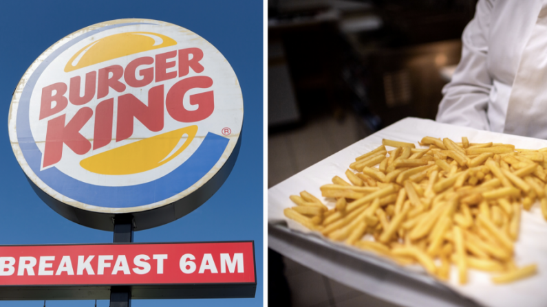 (À gauche: une enseigne Burger King en Nouvelle-Zélande le 29 décembre 2014. (Dave Rowland / Getty Images)). (À droite : une assiette de frites le 17 mai 2019. (Martin Bureau / AFP / Getty Images)