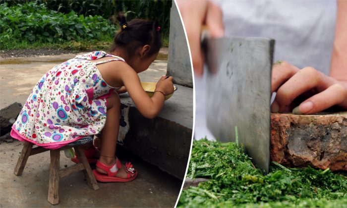 À gauche : Une fillette qui prend un repas. (Greg Baker/AFP/Getty Images) -- À droite : un chef avec un couteau. (Chine Photos/Getty Images)