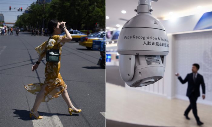 (G) Une femme traversant la rue à Pékin. (Wang Zhao/AFP/Getty Images) | (D) Une caméra chinoise de reconnaissance faciale. (Kevin Frayer/Getty Images)
