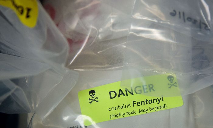 Des sacs d'héroïne, certains contenant du fentanyl, sont exposés avant une conférence de presse concernant une importante saisie de drogue, au bureau du procureur général de New York, à New York, le 23 septembre 2016. (Drew Angererer/Getty Images)
