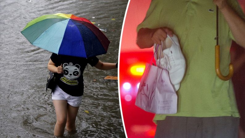 (G) Une femme marche dans les rues inondées de Chine. (Wang He/Getty Images) -- (D) Un homme porte un sac sous la pluie. (Ed Jones/AFP/GettyImages)