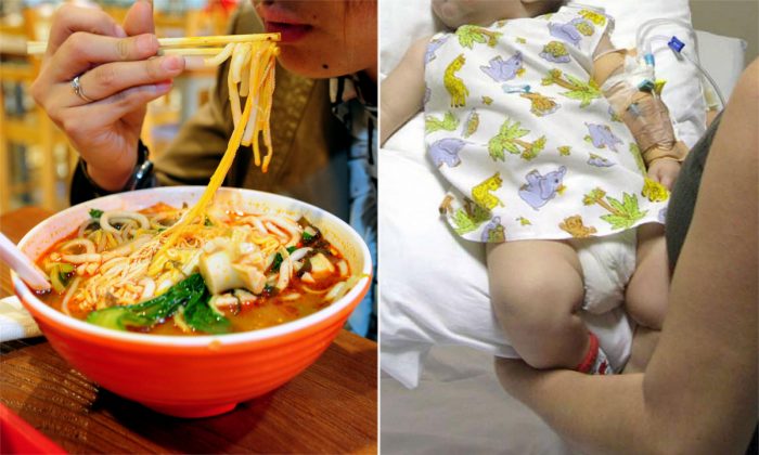 (L) Une femme qui mange de la soupe aux nouilles. (Frederic J. Brown/AFP/Getty Images) -- (R) Un bébé souffrant de brûlures. (Sebastian Caceres/AFP/Getty Images)
