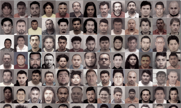 Assemblage de photos de migrants en situation irrégulière arrêtés entre octobre 2018 en juin 2019, accusés de crimes pédophiles sur des enfants en Caroline du Nord.