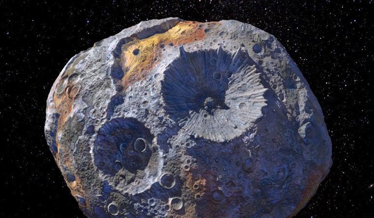 Une représentation artistique de l'astéroïde Psyché 16, que l'on croit être un noyau planétaire exposé. Crédit : Maxar/ASU/P. Rubin/NASA/JPL-Caltech