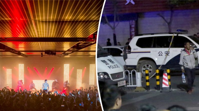 (A gauche) Un concert à Hong Kong (Victor Fraile/Getty Images pour Calvin Klein) / (A droite) Police en Chine. (STR/AFP/Getty Images)