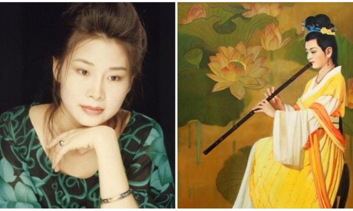 Zheng Aixin (à gauche) et un tableau qu'elle avait l'intention de présenter au Concours international de peinture de figures, un événement culturel mondial annuel organisé par New Tang Dynasty Television. (Minghui.org)