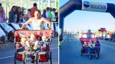 Une maman de 3 enfants a battu le record du monde en finissant le semi-marathon avec les enfants dans une poussette triple