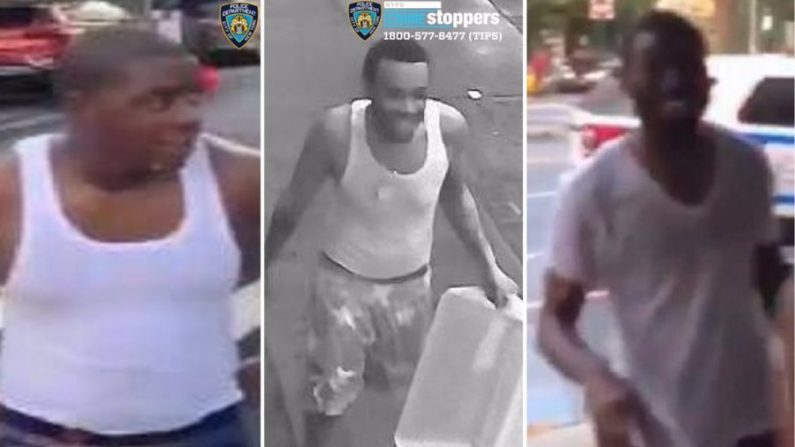 Trois hommes qui, selon la police, ont participé à l'arrosage des policiers de New York avec de l'eau en juillet. (NYPD)