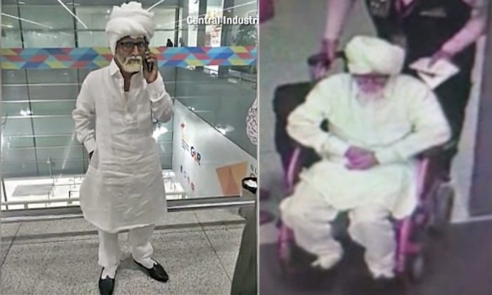 Deux photos de l'Indien de 32 ans déguisé en homme de 81 ans pour se rendre à New York en avion. (Avec l'aimable autorisation de la Central Industrial Security Force)