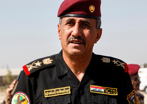 Le général Abdel Wahab al-Saadi, chef adjoint des forces d'opérations spéciales irakiennes (ISOF) et du Service de lutte contre le terrorisme (ICTS), présente un salut militaire en assistant à une cérémonie de remise des diplômes s à la base ICTS de l'ouest de Bagdad le 6 août 2019. (Photo : SABAHARAR/AFP/Getty Images)