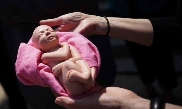 Un activiste pro-vie tient un modèle de bébé à naître dans une photo d'archive. (Mandel Ngan / AFP / Getty Images)