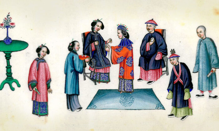 Une mariée présente du thé à sa belle-mère à l'occasion d'un mariage au temps de la dynastie Qing. (Wikimedia Commons)