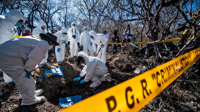 Le personnel médico-légal du Procureur général du Mexique travaille sur l'exhumation des restes humains découverts lors des activités de la Quatrième Brigade nationale de recherche, à Huitzuco de los Figueroa, dans l'État de Guerrero, au Mexique, le 21 janvier 2019. (PEDRO PARDO / AFP / Getty Images)