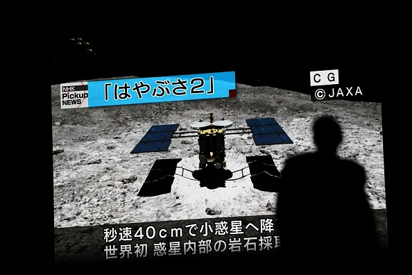 -Le 10 juillet 2019, un homme passe devant un écran affichant une image générée par ordinateur de la sonde Hayabusa2, lors d'une émission de nouvelles dans le district d'Akihabara à Tokyo. La sonde japonaise Hayabusa2 a atterri avec succès sur un astéroïde distant le 11 juillet 2019 pour un atterrissage final, dans l'espoir de collecter des échantillons qui pourraient éclairer l'évolution du système solaire. Photo BEHROUZ MEHRI / AFP via Getty Images.