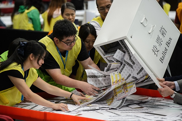 -Les résultats des élections de Hong-Kong passés sous silence en Chine continentale et de fausses informations données par les médias chinoises. Photo ANTHONY WALLACE / AFP via Getty Images.
