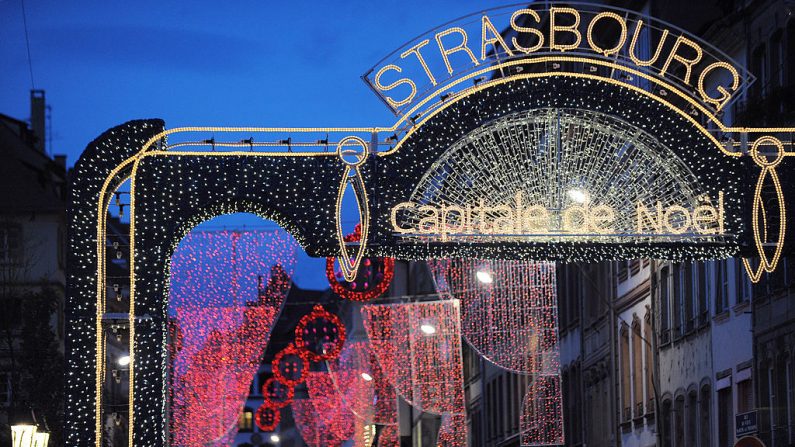 View of lightened decorations, reading "Strasbourg, Christmas capital" (Photo credit should read JOHANNA LEGUERRE/AFP via Getty Images)
