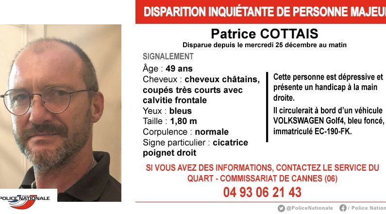 Dépressif, Patrice Cottais a disparu depuis le 25 décembre au matin (Police nationale Alpes Maritimes)