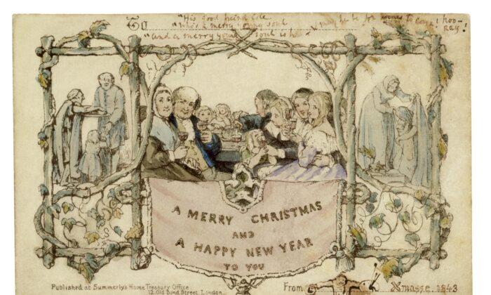 La carte de Noël Henry Cole, 1843, par John Callcott Horsley, Angleterre. Imprimée par Jobbins de Warwick Court, Holborn. (Victoria and Albert Museum, Londres)
