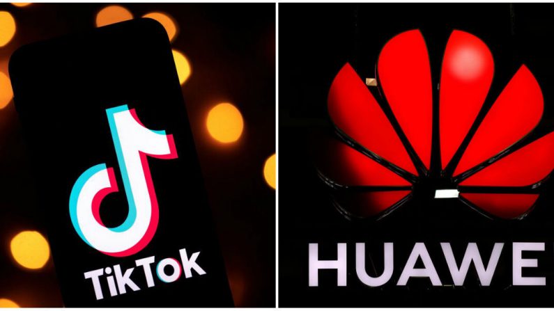 Le logo de l'application de médias sociaux TikTok (à gauche) à Paris le 21 novembre 2019 et une enseigne Huawei à Zurich le 15 octobre 2019. (Lionel Bonaventure et Stefan Wermuth/AFP via Getty Images)