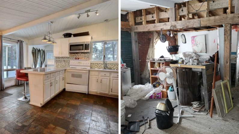 La cuisine avant et après le saccage. (Avec l'aimable autorisation de Nathalie Duchesne)