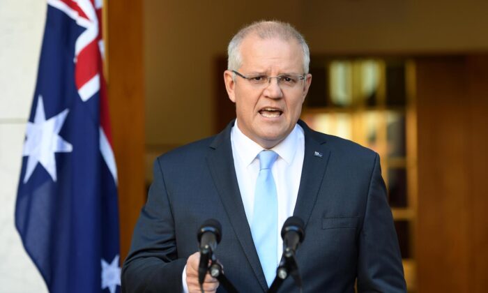 Le Premier ministre australien Scott Morrison  lors d'une conférence de presse au Parlement à Canberra, en Australie, le 11 avril 2019. (Tracey Nearmy / Getty Images)