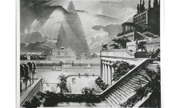 La ville de Babylone est représentée sur ce tableau de l'artiste Mario Larrinaga avec ses jardins suspendus (l'une des Sept Merveilles du monde) construits par le roi Nabuchodonosor pour plaire à l'une de ses épouses et au loin la tour de Babel. (Archives Hulton / Getty Images)