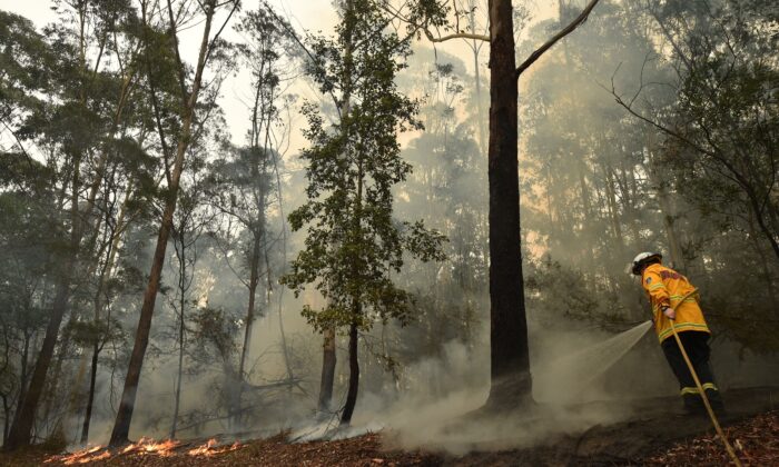 Un pompier s'attaque à un feu de brousse au sud de Nowra, en Australie, le 5 janvier 2020. (Peter Parks/AFP via Getty Images)