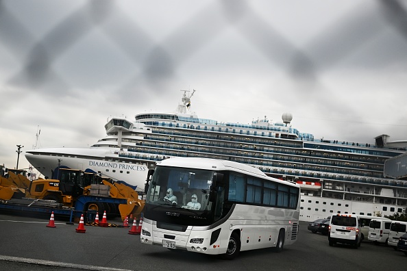 -Un bus avec un chauffeur portant un équipement de protection part du quai à côté du navire de croisière Diamond Princess, qui compte environ 3600 personnes en quarantaine à bord en raison des craintes du nouveau coronavirus COVID-19, au Port de Yokohama le 14 février 2020.