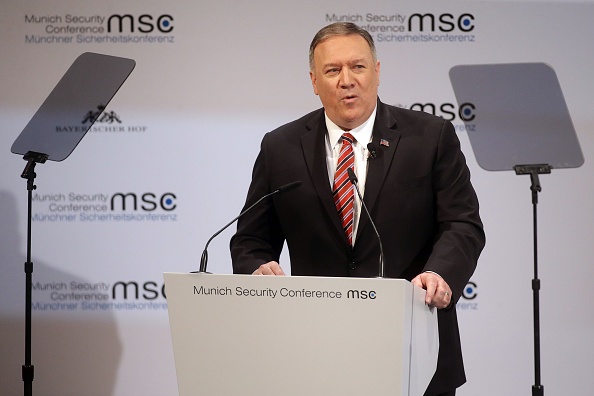 Mike Pompeo, secrétaire d'État américain, prend la parole lors de la Conférence de Munich sur la sécurité (MSC), le 15 février 2020. (Johannes Simon/Getty Images)

