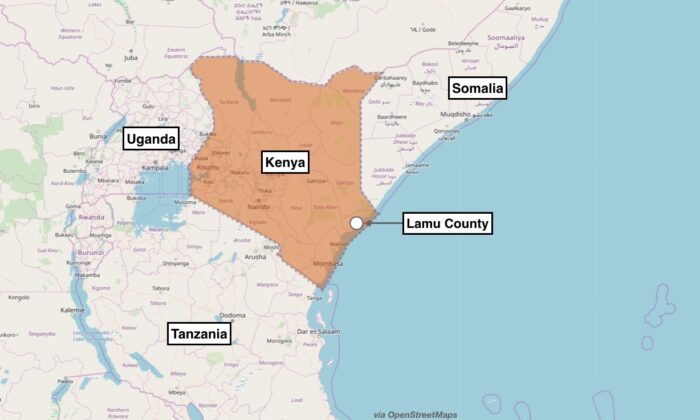 Carte indiquant le lieu approximatif de l'attentat terroriste au Kenya. L'armée américaine a déclaré qu'un groupe affilié à Al-Qaida a attaqué l'aérodrome de Manda Bay, au Kenya, le 5 janvier 2020. (OpenStreetMaps)