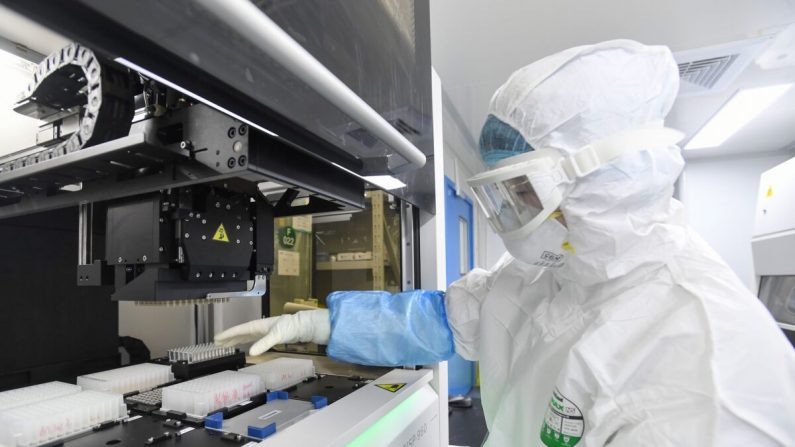 Un technicien de laboratoire travaillant sur des échantillons de personnes à tester pour le nouveau coronavirus au laboratoire "Fire Eye" à Wuhan dans la province de Hubei en Chine centrale le 6 février 2020. (STR/AFP via Getty Images)