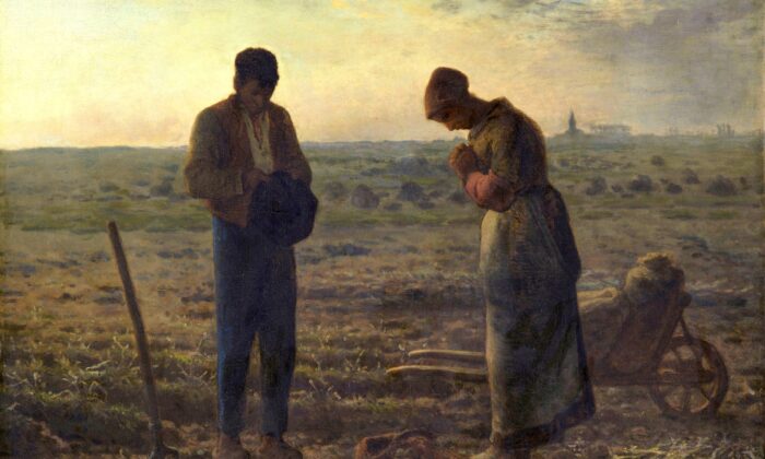 « L'Angélus » de Jean-François Millet représente un homme et une femme qui prennent un répit bienvenu de leur travail des champs pour réciter la prière de l’Angélus, tandis qu'on devine sonner le clocher lointain. (Domaine public)