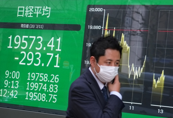 -Un tableau affiche les valeurs boursières de Tokyo le 11 mars 2020. Les investisseurs regardent nerveusement les nouvelles liées au nouveau coronavirus. Photo par KAZUHIRO NOGI / AFP via Getty Images.