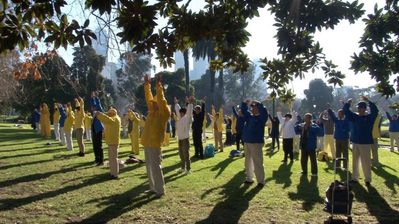 Des pratiquants de Falun Dafa faisant les exercices de Falun Dafa à Melbourne, Australie, le 14 juillet 2018. (Henry Jom/The Epoch Times)
