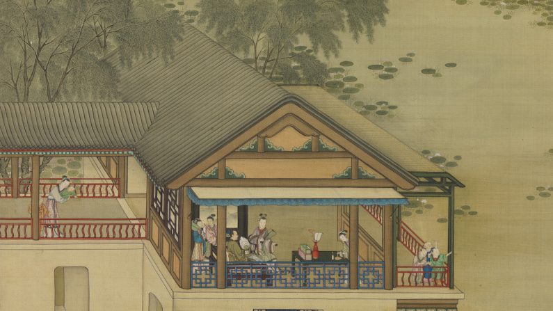 Une partie d'une peinture de la dynastie Qing intitulée « Activités des douze mois (le sixième mois) », montrant diverses activités auxquelles les gens s'adonnent au mois de juin. L’une des peintures d’un ensemble de 12 sur un parchemin suspendu, réalisées par des artistes anonymes de la cour de la dynastie Qing. (Domaine public)
