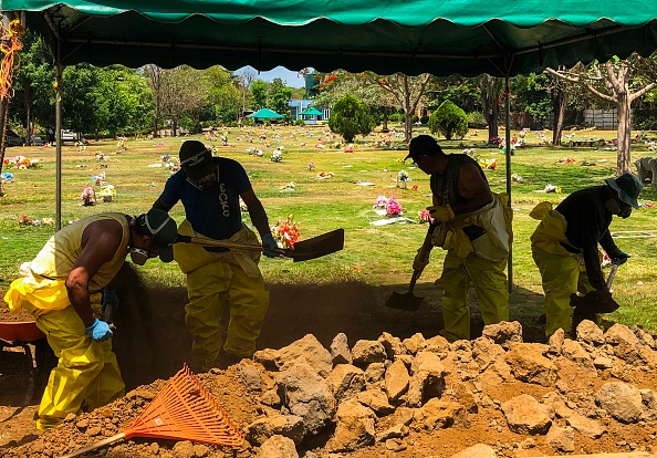 -Des fossoyeurs portant des costumes et des masques pour empêcher la propagation du nouveau coronavirus, COVID-19, enterrent un mort au cimetière à Managua, le 15 mai 2020. Photo par INTI OCON / AFP via Getty Images.