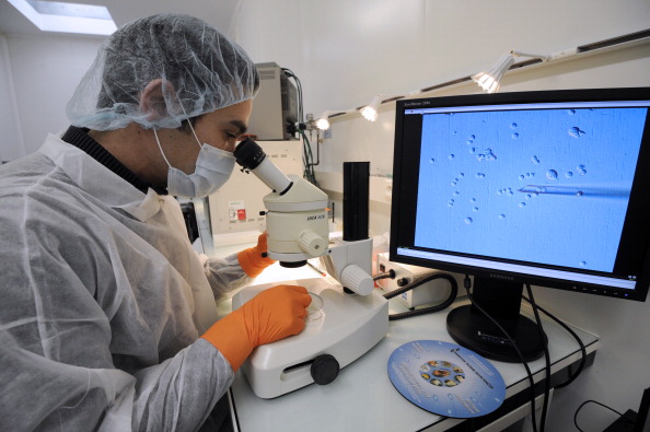 -Illustration- Le français Fabien Danjan du CNRS introduit des cellules souches embryonnaires dans un embryon de souris, le 9 février 2012, au Centre d'Immunologie de Marseille-Luminy. Photo ANNE-CHRISTINE POUJOULAT / AFP via Getty Images.