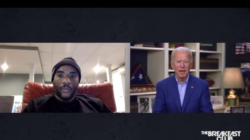 Charlagmagne tha God (à gauche) et le candidat démocrate à la présidence et ancien vice-président Joe Biden au Breakfast Club le 22 mai 2020. (Capture d'écran/The Breakfast Club)