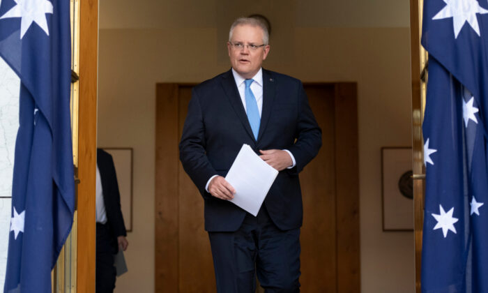 Le Premier ministre australien Scott Morrison s'exprime lors d'une conférence de presse à la suite d'une réunion du Cabinet national à Canberra, en Australie, le 15 mai 2020. (Rohan Thomson/Getty Images)
