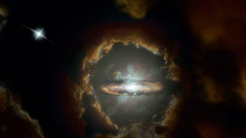 Impression d'artiste du disque Wolfe, une galaxie massive à disque rotatif dans l'univers primitif. La galaxie a été découverte pour la première fois lorsque l'ALMA a examiné la lumière d'un quasar plus éloigné (en haut à gauche). (S. Dagnello/NRAO/AUI/NSF) 