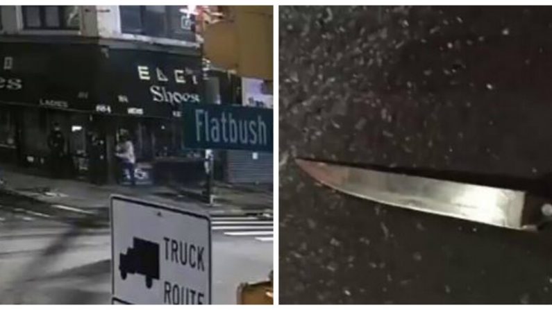 Un suspect poignarde un officier de police, à gauche, avec le couteau présenté à droite une fois retrouvé plus tard. (Département de police de New York (NYPD))
