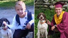 Une famille reproduit l’adorable photo d’un garçon et de son chien du CP à la remise des diplômes