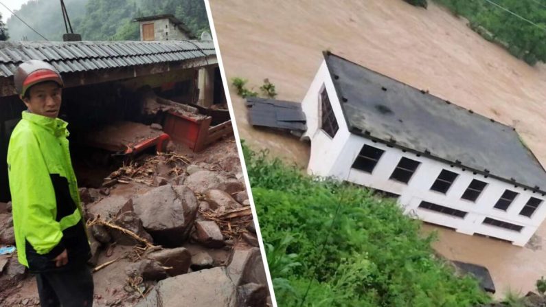 Une maison est inondée par les eaux de crue, alors qu'un villageois se tient devant sa maison et son camion ensevelis sous la boue dans le comté de Yiliang, ville de Zhaotong, dans le Yunnan, en Chine, le 1er juillet 2020. (Fourni au journal Epoch Times par la personne interviewée)