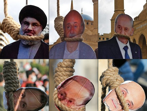 -Cette combinaison de photos créées et prises le 8 août 2020 montre des personnalités politiques libanaises suspendues à des nœuds de potence érigés dans le centre-ville de Beyrouth. Photo par - / AFP via Getty Images.