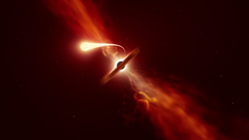 -Vue d'artiste d'une étoile subissant l'effet de marée d'un trou noir supermassif. Image ESO France.